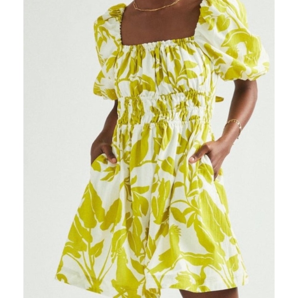 Maeve Anthropologie Mini Dress Puff Sleeve Tropical Print Petite MP NWT